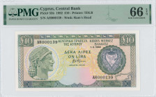 CYPRUS: 10 Pounds (1.2.1992) in dark green and blue-black on multicolor unpt. Archaic bust at left on face. Low S/N: "AH 000139". WMK: Moufflon head. ...