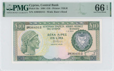 CYPRUS: 10 Pounds (1.6.1994) in dark green and blue-black on multicolor unpt. Archaic bust at left on face. S/N: "AM 364312". WMK: Moufflon head. Prin...