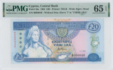 CYPRUS: 20 Pounds (1.2.1992) in deep blue on multicolor unpt. Bust of Aphrodite at left on face. Low S/N: "B 000040". Variety: No dots over "i" in "YI...