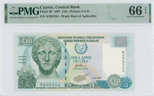 CYPRUS: 10 Pounds (1.10.1997) in olive-green and blue-green on multicolor unpt. Marble head of Artemis at left and arms at upper center on face. S/N: ...