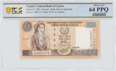 CYPRUS: 1 Pound (1.10.1997) in brown on light tan and multicolor unpt. Cypriot girl at left and arms at upper center on face. Low S/N: "L 000173". WMK...