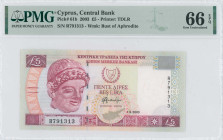 CYPRUS: 5 Pounds (1.9.2003) in purple and violet on multicolor unpt. Archaic limestone head of young man at left on face. S/N: "R 791313". WMK: Bust o...