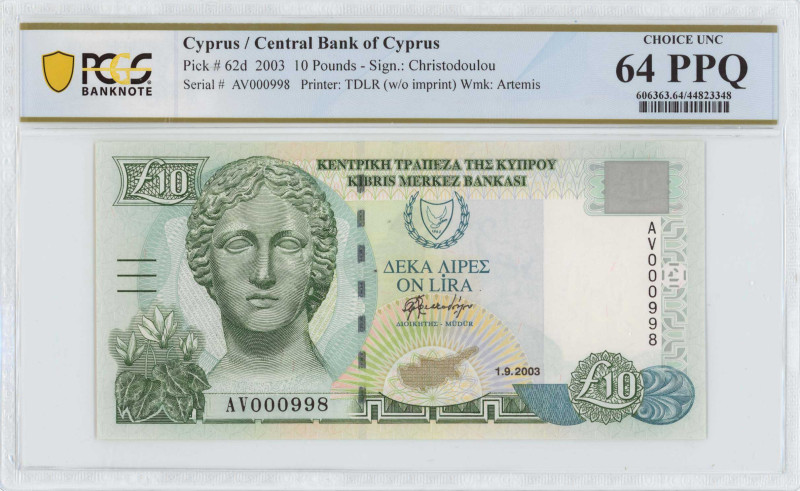 CYPRUS: 10 Pounds (1.9.2003) in olive-green and blue-green on multicolor unpt. M...
