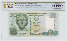 CYPRUS: 10 Pounds (1.9.2003) in olive-green and blue-green on multicolor unpt. Marble head of Artemis at left and arms at upper center on face. Low S/...