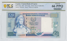 CYPRUS: 20 Pounds (1.10.1997) in deep blue on multicolor unpt. Bust of Aphrodite at lefton face. S/N: "P 036209". WMK: Bust of Aphrodite. Printed by (...
