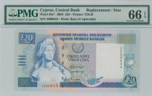 CYPRUS: Replacement of 20 Pounds (1.4.2004) in deep blue on multicolor unpt. Bust of Aphrodite at left on face. S/N: "Z 000644". WMK: Bust of Aphrodit...