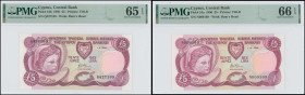 CYPRUS: Lot of 2 banknotes composed of 5 Pounds (1.10.1990) & 5 Pounds (1.9.1995) in violet on multicolor unpt. Limestone head from Hellenistic period...
