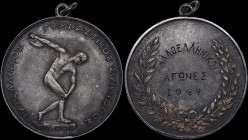 GREECE: Silver(?) commemorative medal for Franco-Greek Games (1947). The discus thrower statue (logo of the Panhellenic Gymnastics Association) on obv...