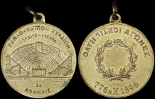 GREECE: GREECE: Gilt commemorative medal for the Olympics 1896 In Athens. The Panathenaic Stadium surrounded by the legend "ΠΑΝΑΘΗΝΑΙΚΟΝ ΣΤΑΔΙΟΝ / ΗΡΩ...