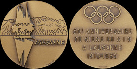 GREECE: SWITZERLAND: Bronze commemorative medal for the 50th anniversary (1915-1965) of the IOC Headquarters in Lausanne. View of a monument and a lak...