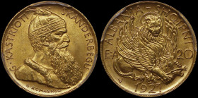 ALBANIA: 20 Franga Ari (1927 V) in gold (0,900) commemorating George Kastrioti "Skanderbeg". Lion of St Mark divides denomination on obverse. Bust of ...
