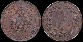 AUSTRIA: 4 Kreuzer (1860 B) in copper. Crowned imperial double-headed eagle on obverse. Denomination and date within wreath on reverse. Inside slab by...