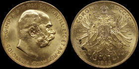 AUSTRIA: Restrike of 100 Corona (1915) in gold (0,900). Head of Franz Joseph I facing right on obverse. Crowned double-headed eagle on reverse. (KM 28...