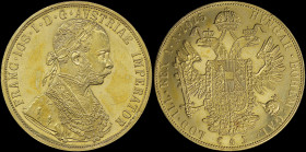 AUSTRIA: Restrike of 4 Ducats (1915) in gold (0,986). Laureate armored bust of Franz Joseph I facing right on obverse. Crowned double-headed imperial ...