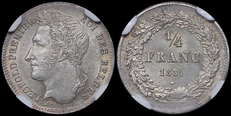 BELGIUM: 1/4 Franc (1834) in silver (0,900). Head of Leopold I facing left on ob...