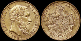 BELGIUM: 20 Francs (1882) in gold (0,900). Head of King Leopold II with finer beard facing right on obverse. Crowned and mantled arms on reverse. (KM ...