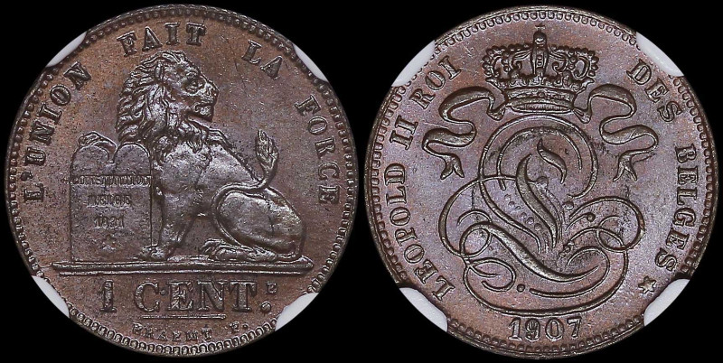 BELGIUM: 1 Centime (1907) in copper. Crowned monogram and legend in French on ob...