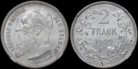BELGIUM: 2 Francs (2 Frank) (1909) in silver (0,835). Bearded head of Leopold II facing left and legend in Dutch on obverse. Denomination above date w...