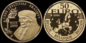 BELGIUM: 50 Euro (2009) in gold (0,999) commemorating the Erasmus. Bust of Albert II facing left on obverse. Map of Europe and value at top on reverse...