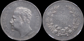 BULGARIA: 5 Leva (1892 KB) in silver (0,900). Head of Ferdinand I facing left on obverse. Denomination within wreath on reverse. Inside slab by NGC "A...