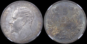 BULGARIA: 5 Leva (1894 KB) in silver (0,900). Head of Ferdinand I facing left on obverse. Denomination within wreath on reverse. Inside slab by NGC "M...