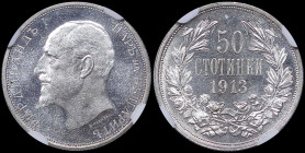 BULGARIA: 50 Stotinki (1913) in silver (0,835). Head of Ferdinand I facing left on obverse. Denomination above date within wreath on reverse. Inside s...