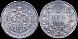 BULGARIA: 1 Lev (1923) in aluminum. Crowned arms with supporters on ornate shield on obverse. Denomination above date within wreath on reverse. Inside...