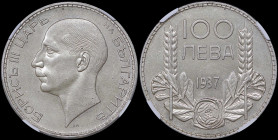 BULGARIA: 100 Leva (1937) in silver (0,500). Head of Boris III facing left on obverse. Denomination at top, date below, flower at bottom and grain spr...
