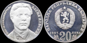 BULGARIA: 20 Leva (1987) in silver (0,500). National arms, date and denomination below on obverse. Bust of Vasil Levsky on reverse. Inside slab by NGC...