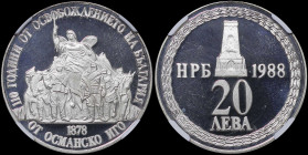 BULGARIA: 20 Leva (1988) in silver (0,500) commemorating the 110th Anniversary of Liberation. Monument above denomination and date at right on obverse...