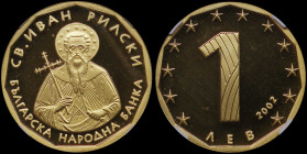 BULGARIA: 1 Lev (2002) in gold (0,999). St Ivan of Rila on obverse. Large number "1" on reverse. Inside slab by NGC "PF 69 ULTRA CAMEO / ST. IVAN OF R...