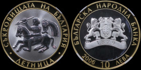 BULGARIA: 10 Leva (2006) in gilt silver (0,999) commemorating the Treasures of Bulgaria / Letnitsa. National arms on obverse. Horseman statue on rever...