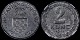 CROATIA: 2 Kune (1941) in zinc. Coat of arms on obverse. Denomination on reverse. Inside slab by NGC "MS 64". Cert number: 6633338-008. (KM 2).