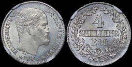 DENMARK: 4 Skilling Rigsmont (1856 VS) in silver (0,250). Head of Frederik VII facing right on obverse. Denomination within oak wreath on reverse. Ins...