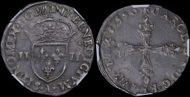 FRANCE: 1/4 Ecu (1590 A) in silver (0,917). Crowned coat of arms of France divides value on obverse. Decorated cross on reverse. Inside slab by NGC "A...