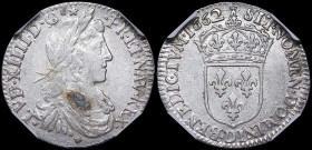 FRANCE: 1/12 Ecu (=10 Sols) (1662 D) in silver (0,917). Bust of Louis XIV facing right on obverse. Crowned shield on reverse. Mint: Lyon. Inside slab ...