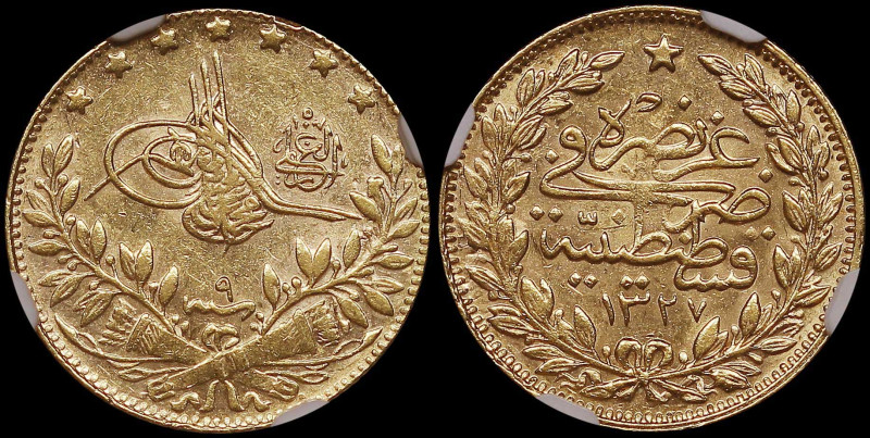 TURKEY: 50 Kurush [AH1327//9 (=1916)] in gold (0,917). Toughra & "el-Ghazi" to r...