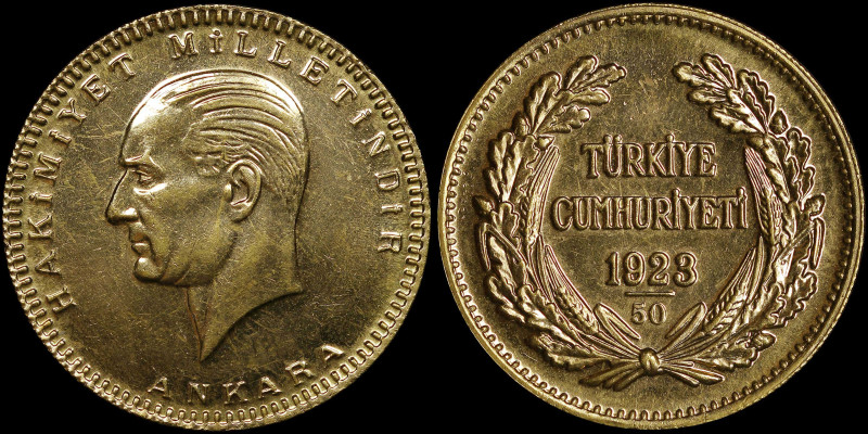 TURKEY: 500 Kurush (1923/50) in gold (0,917). Head of Kemal Ataturk facing left ...