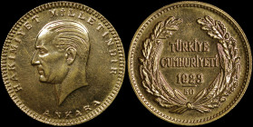 TURKEY: 500 Kurush (1923/50) in gold (0,917). Head of Kemal Ataturk facing left on obverse. Legend and date within wreath on reverse. (KM 859). Uncirc...