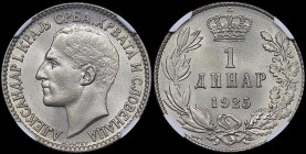 YUGOSLAVIA: 1 Dinar [1925 (p)] in nickel-bronze. Head of Alexander I facing left on obverse. Denomination and date within crowned wreath on reverse. I...