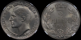 YUGOSLAVIA: 2 Dinara [1925 (p)] in nickel-bronze. Head of Alexander I facing left on obverse. Denomination and date within crowned wreath on reverse. ...
