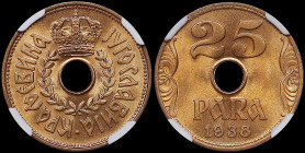 YUGOSLAVIA: 25 Para (1938) in bronze. Center hole within crowned wreath on obverse. Center hole divides denomination on reverse. Inside slab by NGC "M...