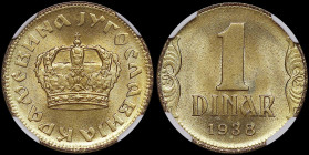 YUGOSLAVIA: 1 Dinar (1938) in aluminum-bronze. Crown on obverse. Denomination above date on reverse. Inside slab by NGC "MS 67". Top pop in both compa...