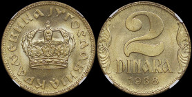 YUGOSLAVIA: 2 Dinara (1938) in aluminum-bronze. Large crown on obverse. Denomination above date, large numeral on reverse. Inside slab by NGC "MS 67 /...