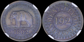CEYLON: 1/192 Rixdollar (1802) in copper. Denomination on obverse. Elephant facing left and date below on reverse. Inside slab by NGC "PF 65 BN". Cert...