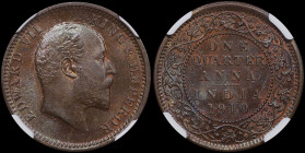 INDIA / BRITISH: 1/4 Anna [1910 (c)] in bronze. Head of King Edward VII facing right on obverse. Date and denomination within circle, wreath surrounds...