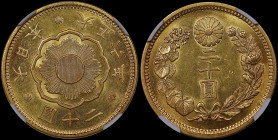 JAPAN: 20 Yen (T6 / 1917) in gold (0,900). Sunburst within mirror, 3 legends separated by cherry blossoms and date at bottom on obverse. Value and den...