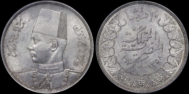 EGYPT: 20 Piastres [AH1358 (1939)] in silver (0,833). Uniformed bust of King Far...