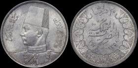 EGYPT: 20 Piastres [AH1358 (1939)] in silver (0,833). Uniformed bust of King Farouk facing left on obverse. Denomination and dates within tasseled wre...