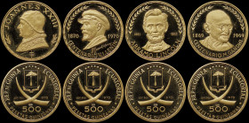 EQUITORIAL GUINEA: Proof set (1970) of 4 comemmorative coins in gold (0,900) composed of 4x 500 Pesetas. Crossed tusks divide arms above and denominat...